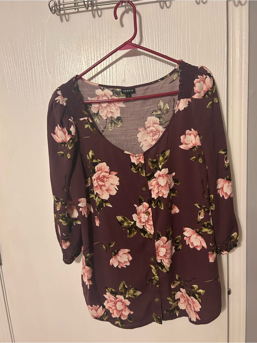 torrid Burgundy Floral Button-Front Blouse with Pink Flowers